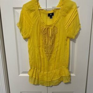 Iz Byer Bright Yellow Embroidered Tie-Neck Peasant Blouse